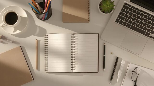 Overhead shot of a minimalist workspace with a laptop coffee and stationery perfect for productivity and remote work. 4k Footage Video