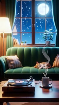 Cozy Living Room Scene With Sleeping Cat Full Moon Outside Window Soft Lamp Light Warm Ambiance