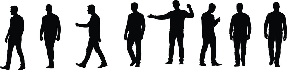 Men silhouettes collection walking standing and gesturing male figures full body vector illustration isolated on white background © PROTAP