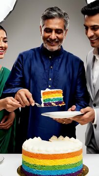Diverse Family Celebrates With Vibrant Rainbow Layer Cake During Special Occasion With Soft Studio Lighting