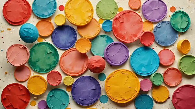 colorful paint blobs and circles on beige background with splashes
