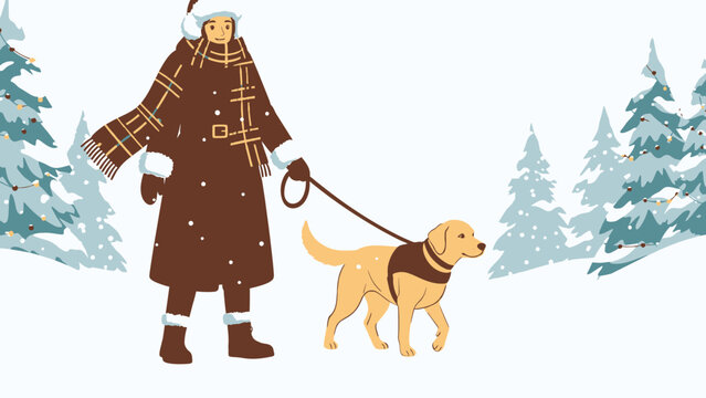 Man Walking Dog in Snow