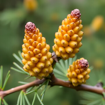 Larch strobilus: old ovulate cones on a larch branch.