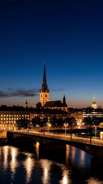 Dramatic Sunset Over Stockholm Cityscape with Iconic Church Tower and Illuminated Bridge in Vibrant Orange and Purple