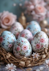Fototapeta premium Hand-painted Easter eggs with delicate floral patterns, elegant pastel color palette.