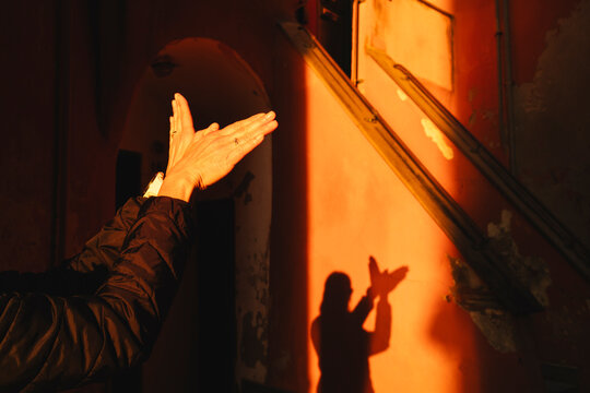 Hands creating a bird shadow on an orange wall
