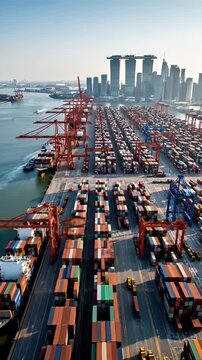 Expansive Industrial Port With Rows Of Shipping Containers And Cranes Under Bright Sunlight With City Skyline In The