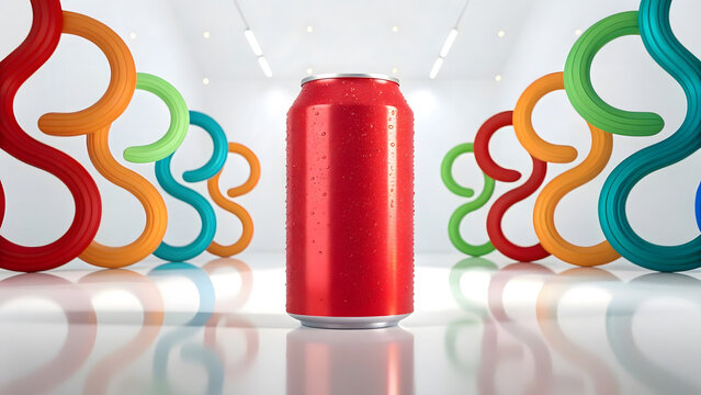 A hyperreal studio render showing a metallic red soda can with colorful abstract shapes