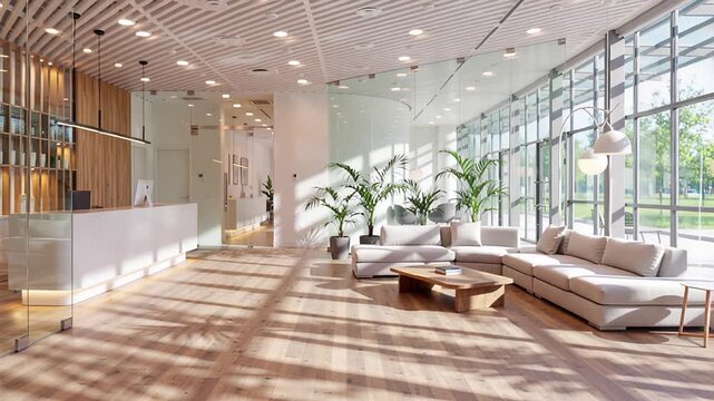 modern minimalist lobby reception area with curved desk and comfortable seating | wellness, business, architecture, corporate, hospitality theme