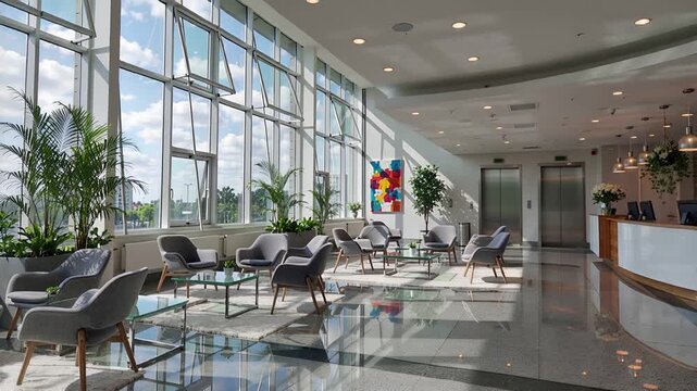 modern lobby interior with plants, elevator, and reception desk | business, corporate, hospitality, architecture, interior design theme