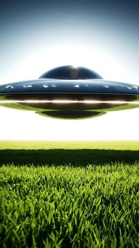 Futuristic Flying Saucer Hovering Over Lush Green Field Under Bright Sunlight And Clear Blue Sky