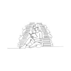 Obraz premium Young woman reading book surrounded by stack of books