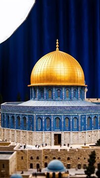 Golden Dome Mosque Miniature Model Illuminated Against Dark Blue Drapery Studio Lighting Close Up Detailed Architecture