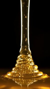Golden Honey Drips Onto a Reflective Surface With Bubbles Against a Stark Black Background in Dramatic Studio Lighting