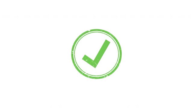 Green check mark stamp animation with grunge texture circle isolated for success approval completion and correct choice concept. Alpha channel