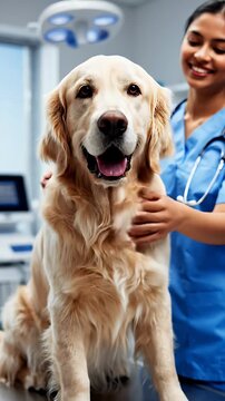 Happy Golden Retriever Dog Posed Calmly in Veterinary Clinic with Caring Veterinarian in Blue Scrubs and Stethoscope