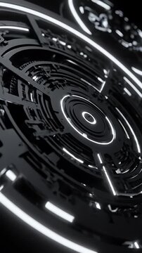 Intricate Black Futuristic Mechanical Device with Glowing White Lights and Circular Patterns in Dark Abstract