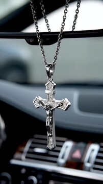 Intricate Silver Crucifix Pendant on Chain Hanging from Rearview Mirror Inside a Car with Blurred Dashboard Background