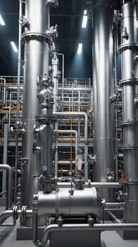 Industrial Chemical Plant With Complex Pipework And Large Metal Towers In Dim Lighting