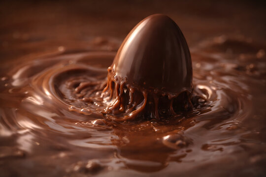 Chocolate egg emerging from molten chocolate