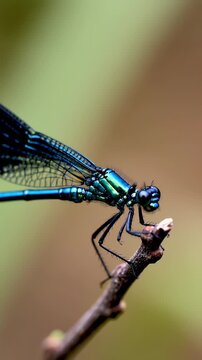 Macro Close Up Of A Metallic Blue Dragonfly Perched On A Twig With Soft Green And Brown Bokeh Background
