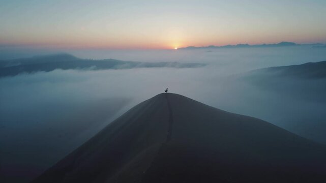 Rooster crowing at misty mountain peak sunrise vista