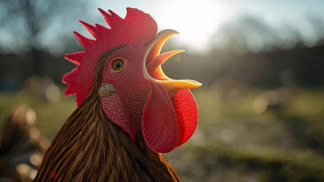 Majestic rooster crowing at sunrise