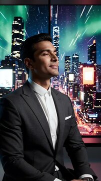 Man In A Business Suit Looking Out At A Vibrant Cityscape At Night With Aurora Borealis In The Sky
