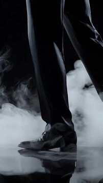Man In Dark Suit Walking Through White Smoke And Fog With Polished Shoes On A Reflective Surface