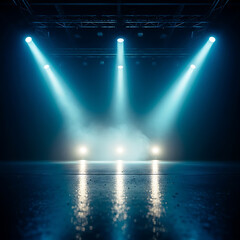 Dramatic Stage Lighting with Blue Spotlights and Smoke Background