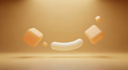 Abstract 3D Orange Smile Face with Floating Glossy Shapes Background