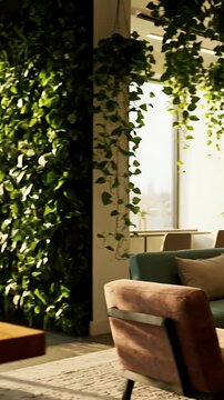 Modern Office Interior With Natural Light and Abundant Greenery and Laptop On Wooden Desk