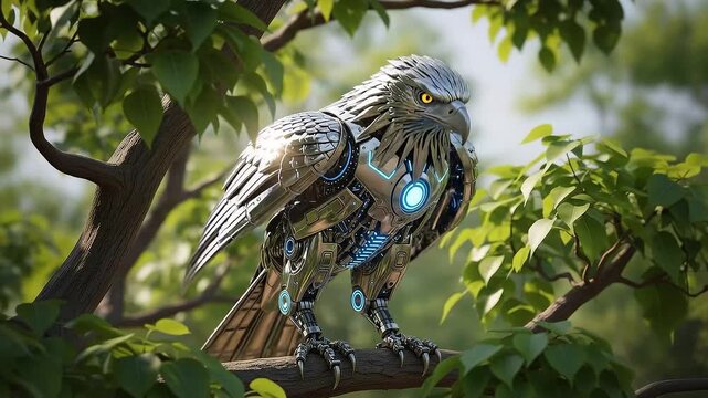 Advanced Robotic Eagle Perched on Tree Branch with Futuristic Cybernetic Design