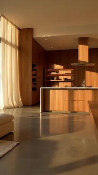 Modern Open Plan Living Area With Natural Light And Warm Wood Accents Featuring A Kitchen Island And Large Windows