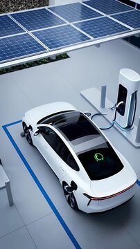 Modern White Electric Car Charging At Futuristic Station With Solar Panels Overhead And Blue Parking Lines On A Bright