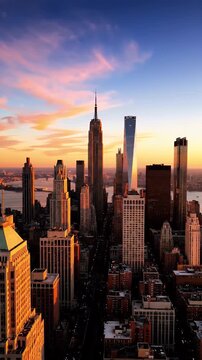 New York City Skyline At Sunset With Pink And Orange Clouds Over Tall Buildings And Water Below