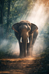 Fototapeta premium Wild Asian Elephant Walking Through Misty Forest with Sunlight Rays