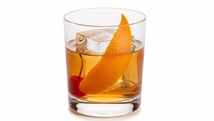 whiskey with ice and orange isolated on a white background.