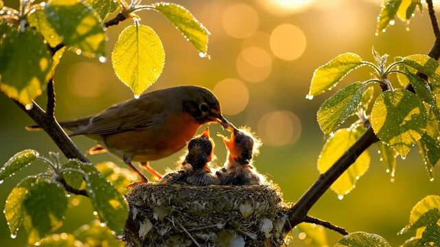 A bird perched on a branch feeding its chicks in a nest on a tree surrounded by lush green leaves