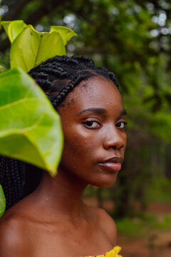 Black girl behind a large leaf