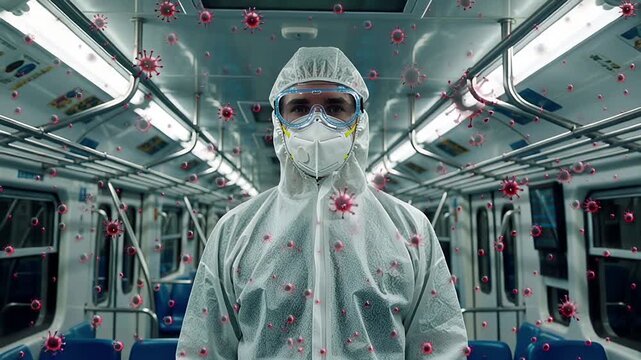 hazmat suit person in virus particle corridor lab biohazard scene | medical, science, hazard, pandemic, protection theme