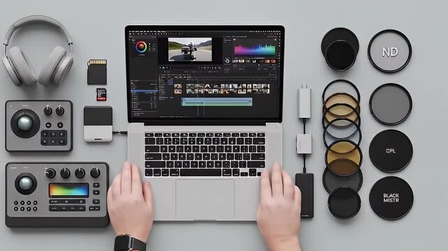 Flat lay of video editing setup laptop, audio gear, controllers, filters on gray surface