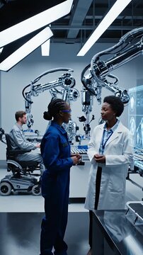 Two female scientists in lab coats discuss robotic arms and data on a futuristic digital screen in a modern laboratory