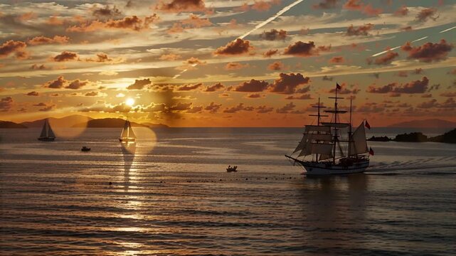 graceful sailboat silhouette at tranquil ocean sunset panorama | travel, nautical, peaceful, adventure, relaxation theme