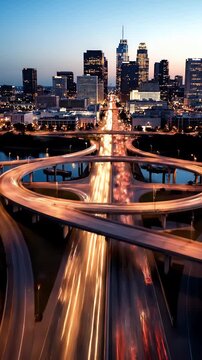 Vibrant Cityscape at Dusk with Streaking Headlights on Highways and a Circular Overpass Overlooking a Downtown Skyline