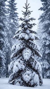 Winter Evergreen Tree Covered In Snow During Gentle Snowfall In A Forest Landscape