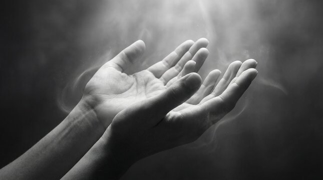 Reaching for Divine: A pair of open hands reaching towards a ray of ethereal light, symbolizing faith, hope, and spiritual connection. Capturing the essence of prayer and serenity