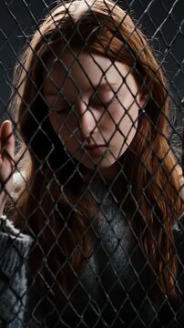 Young Woman With Red Hair Behind Chain Link Fence Looking Directly At Camera With Intense Expression Soft Lighting