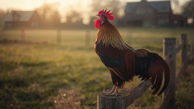 Rooster Crowing Morning Light on Farm Fence Post