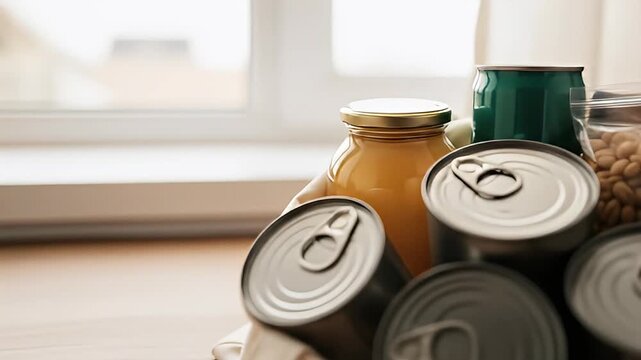 Food donation tote cans, jar, beans in plastic bag, neutral background by window light